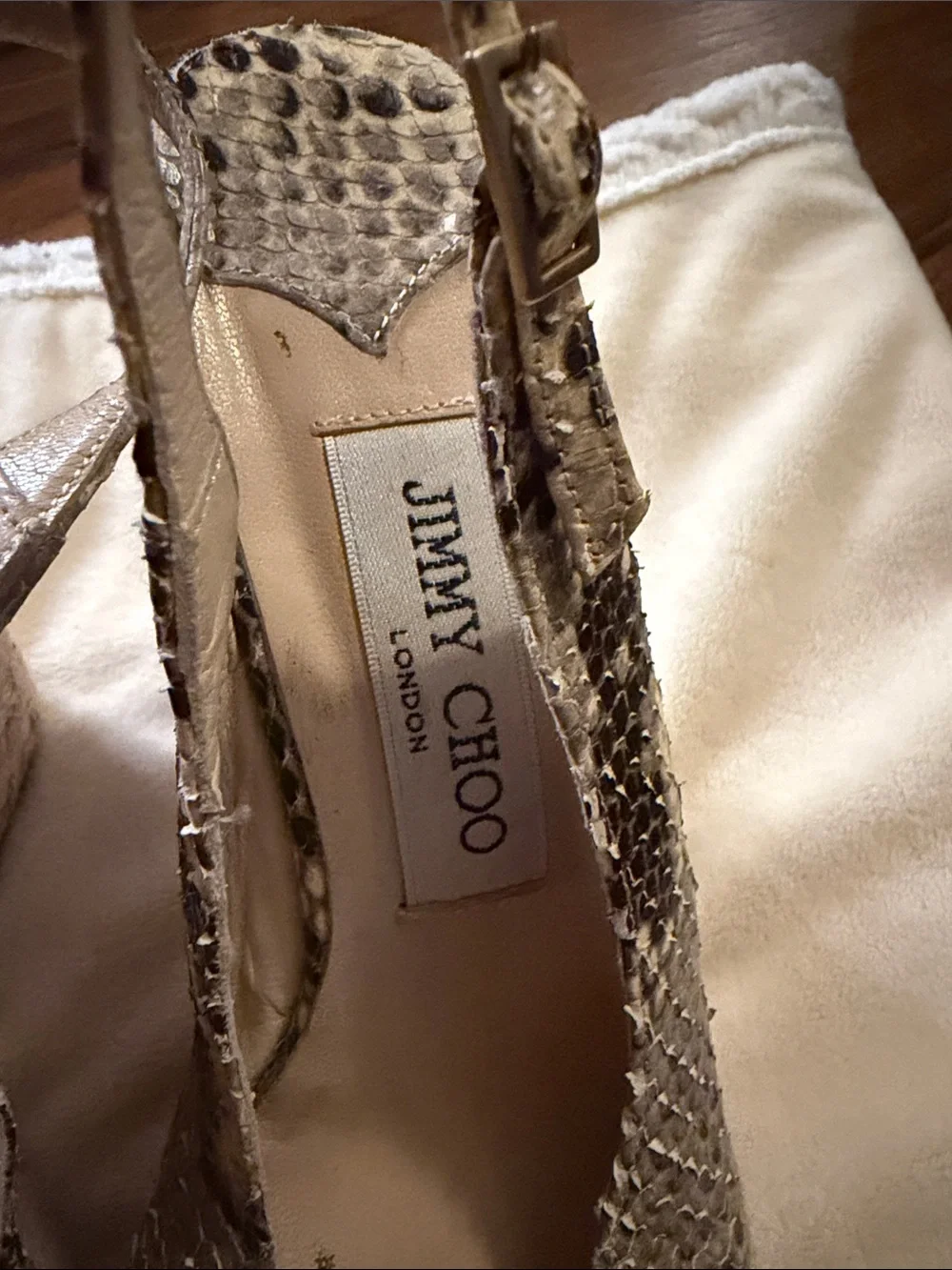 Jimmy Choo Beige and Brown Snake-Print Espadrille Wedges